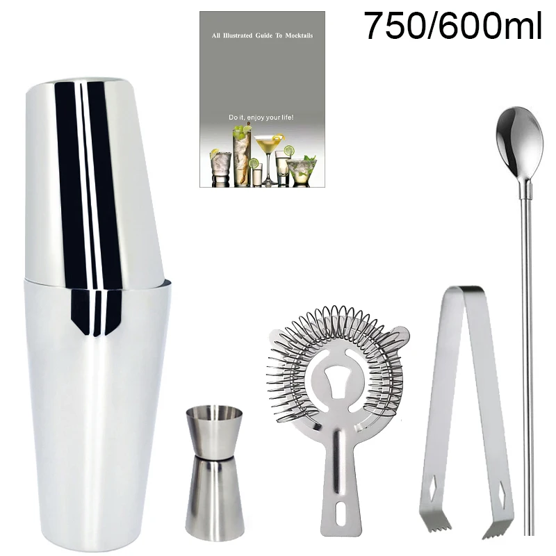 6 Piece 750/600ml Boston Cocktail Shaker Set, Bartender Kit Shakers with Recipe, Jigger Ice Tongs Strainer Straw Spoon