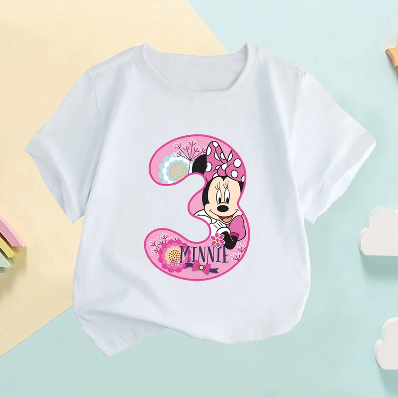 Camiseta con gráfico de arco y números de Minnie Mouse para niños, ropa para niños de 1 2 3 4 5 6 7 8 9 años, camisetas de feliz cumpleaños para