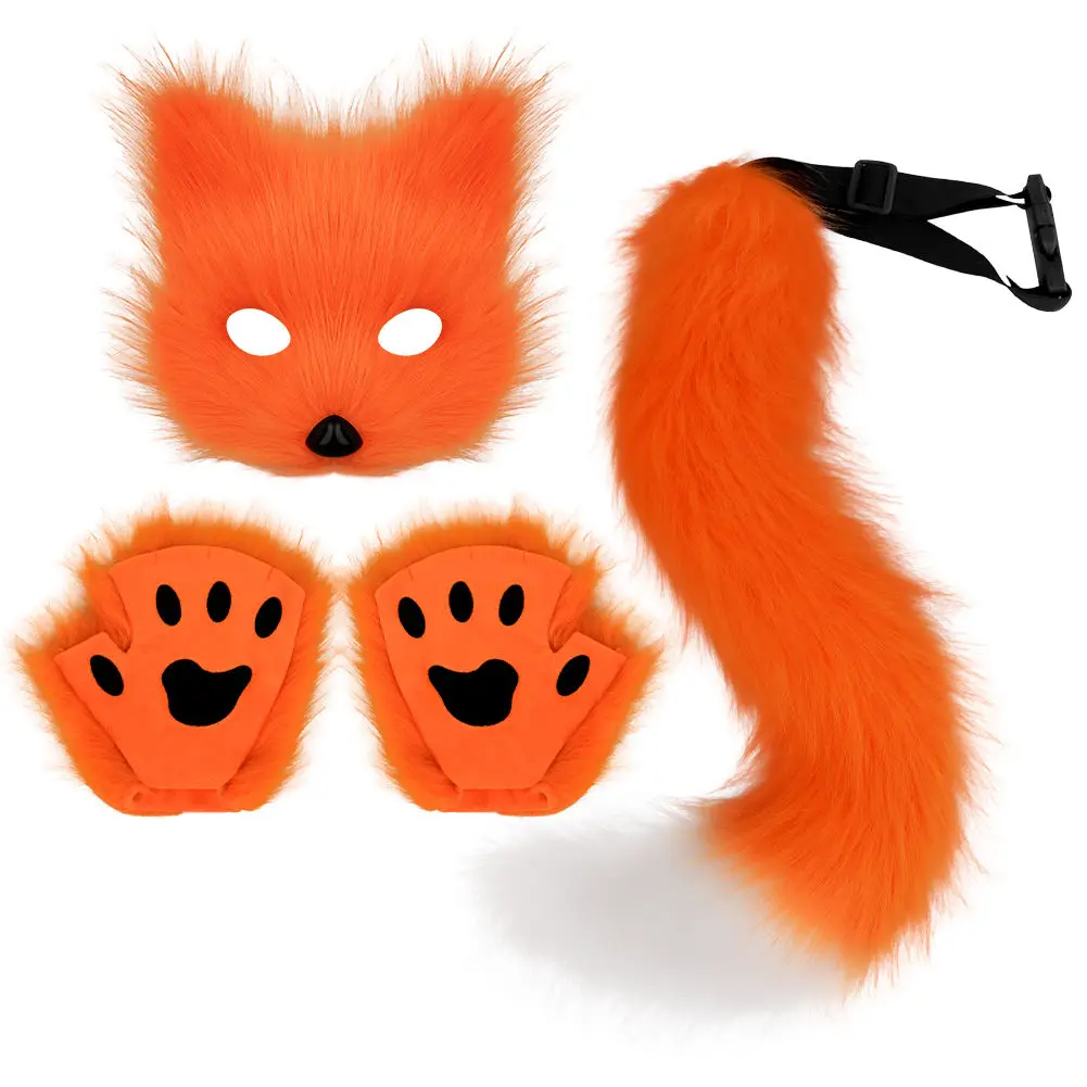 New Simulation Fox Mask Cos Gloves, Plush Fox Tail Handmade Beast Tail Cosplay Prop Set