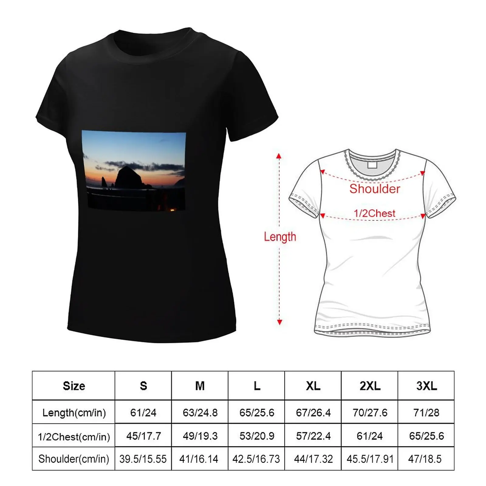 Sunset at Haystack Rock at Cannon Beach, OR T-Shirt graphics oversized black t shirts for Women
