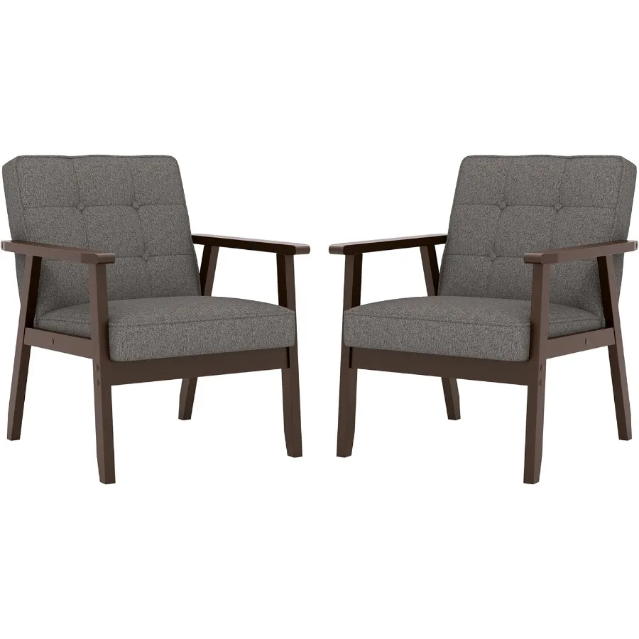MidCentury Modern Linen Fabric Accent Chair Set of 2 Upholstered Tufted Leisure Chair Comfy Reading Side Chairs with Armrest an