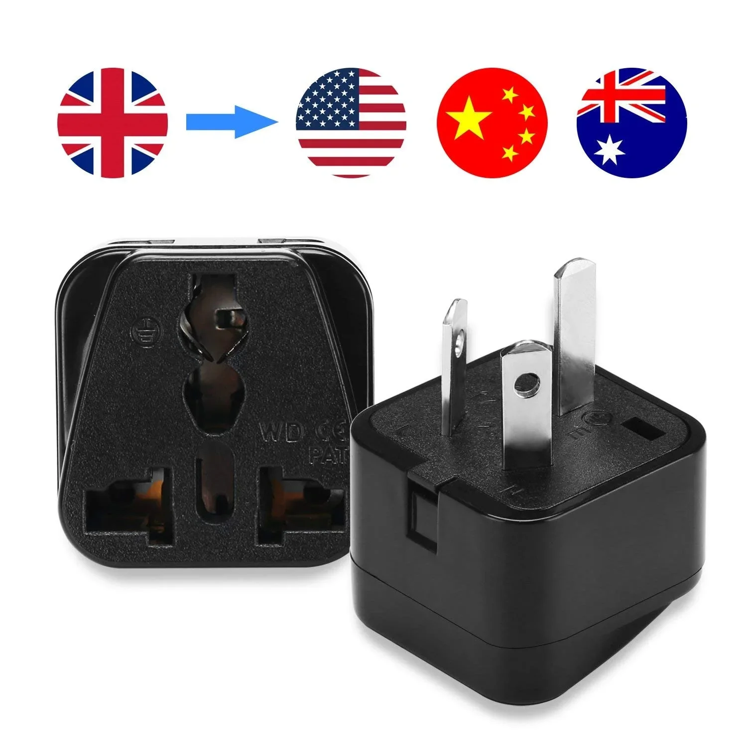 UK To Australia Power Adaptor UK To China Plug Adapter- UK To USA Plug Adaptor with Safety Shutter Black Multi Plug UK/EU