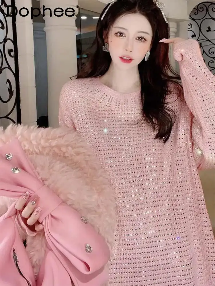 Fall Winter New Heavy Industry Shiny Rhinestone Round Neck Sweater Oversized Versatile Long Sleeve Pullover Sweater for Women