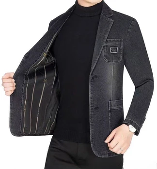 High Quality Men Blue Denim Casual Blazers Jackets Male Autumn Business Slim Fit Blazers Coats Jeans Jackets Mens Clothing 4XL 5