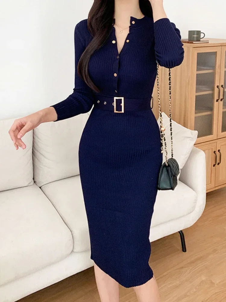 Elegant Sexy Single Breasted Stand Collar Long Sleeve Bodycon Dress Solid Color Stretch Knit Tight Slim Autumn Winter Dresses