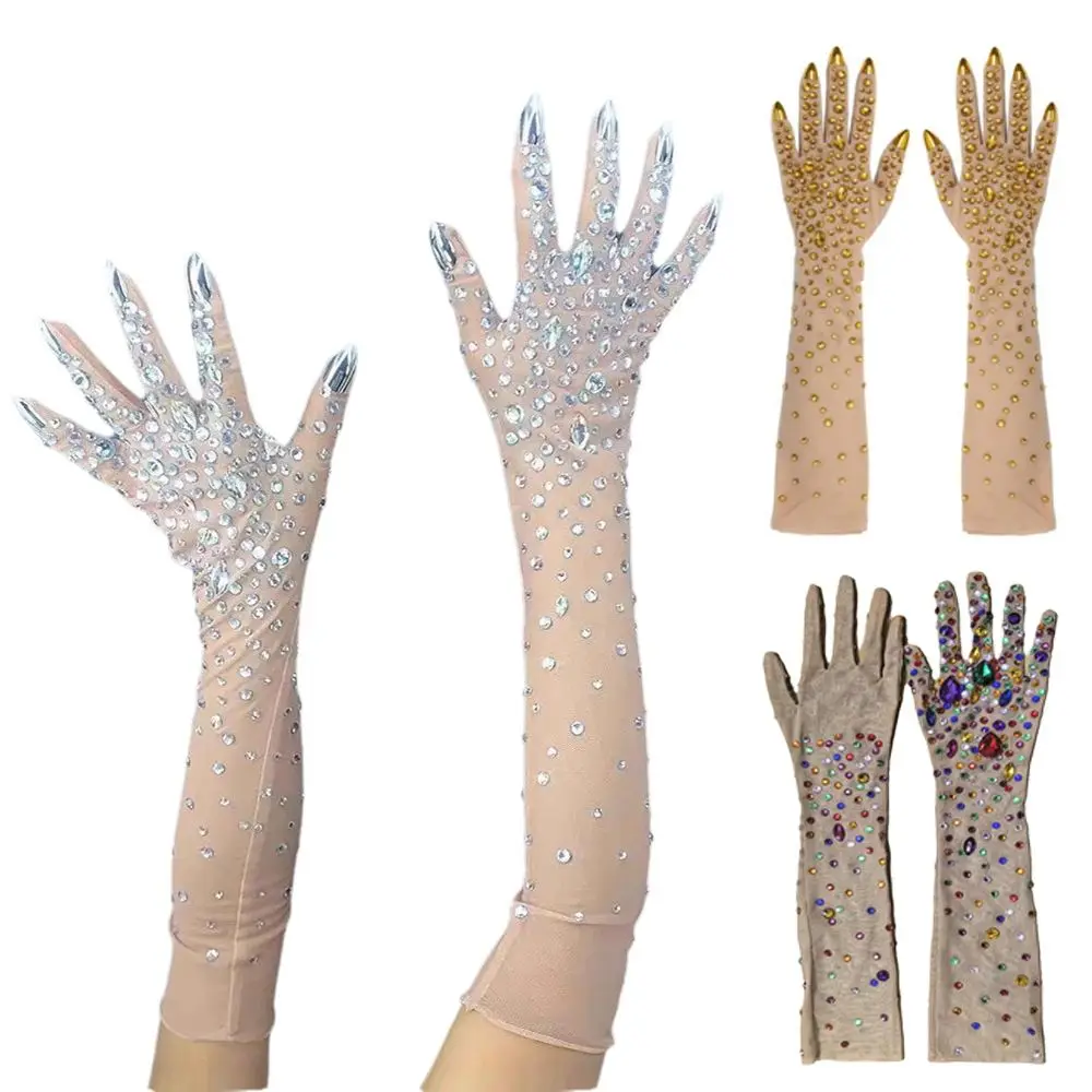 Comfortable Sparkling Rhinestone Gloves Luxurious Stretch Perspective Gloves Breathable Universal Fit Crystal Mesh Gloves Dancer
