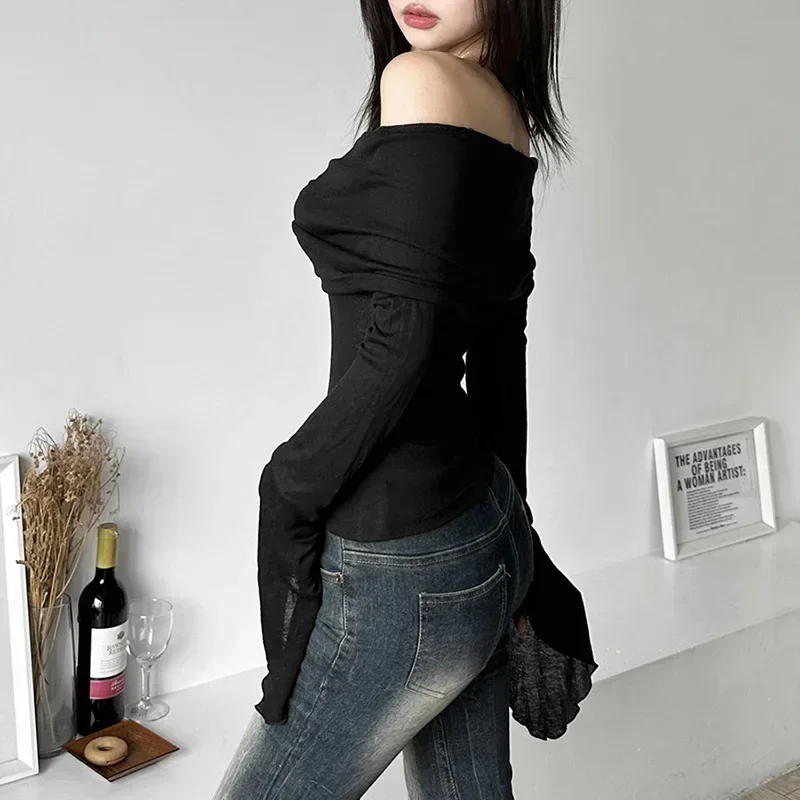 Nice Y2k Aesthetic Simple Fashion Women's Tee Shirts Slash Neck Long Sleeve Solid Casual T-Shirts Vintage Off Shoulder Trendy Ts
