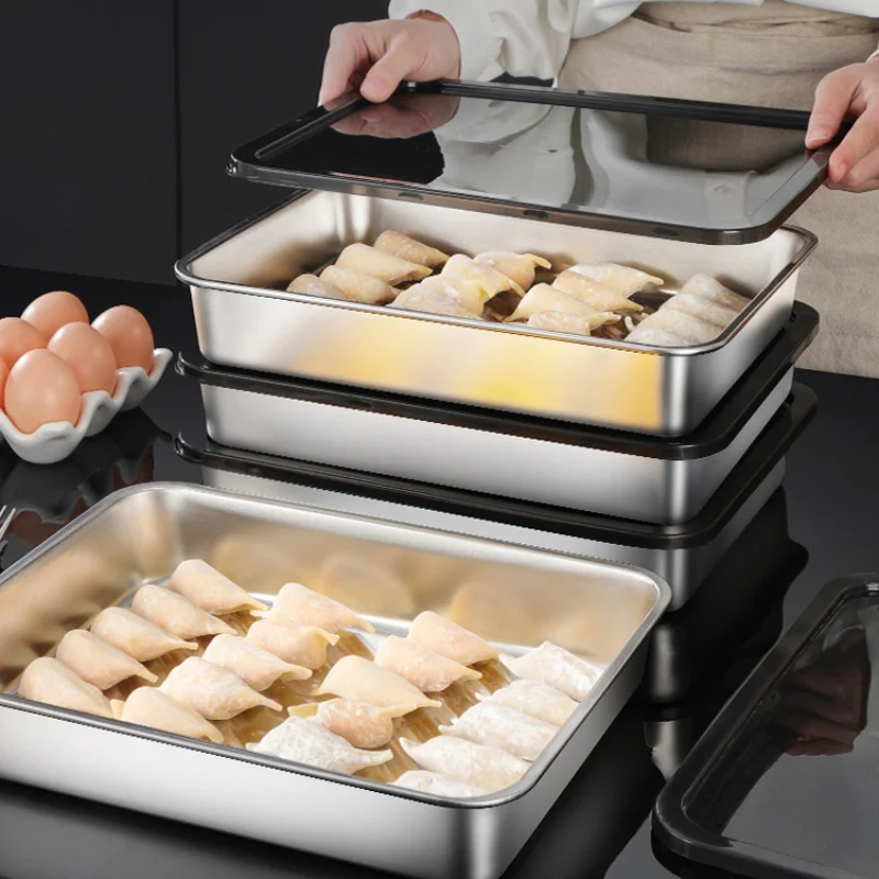 

Stainless Steel Square Storage Tray Steaming Shallow Plates Dumplings Baking Dishes Kitchen Organizer