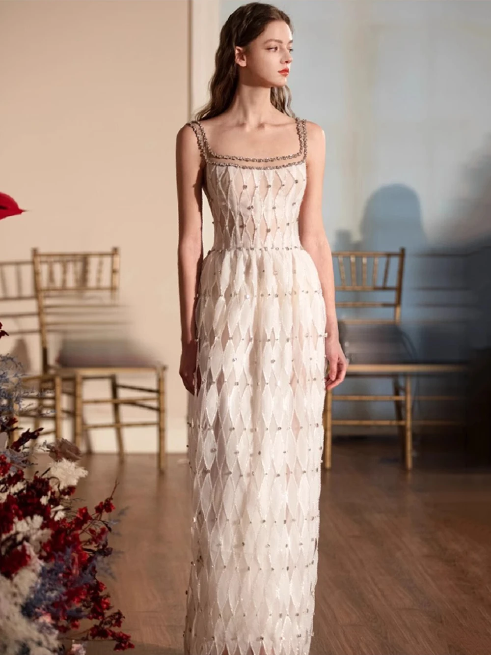 Modphy Elegant White Wedding Dress Women Spaghetti Strap Diamond Hollow Gauze Slim Maxi Vestidos 2026 Lady Evening Party Gowns