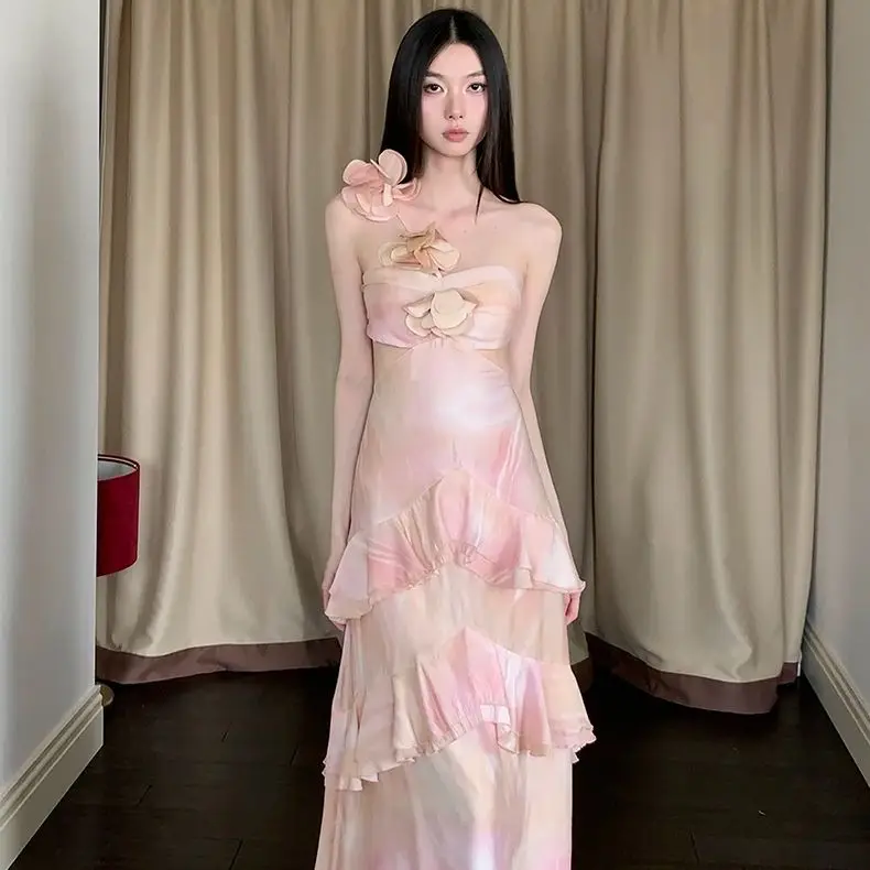 

Retro Flower Language Mist Yarn Dress For Women'S Summer, New Style With Blended Design, Three Dimensional Flower Strap Dress