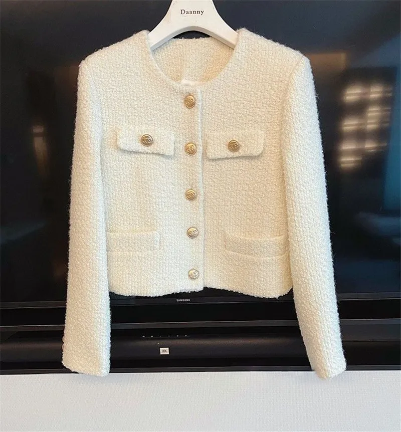 Fashion White Woolen Coat 2025 New Spring Autumn Jacket Women's Short Tweed Woolen Tops Casual Korean Version Outerwear Female