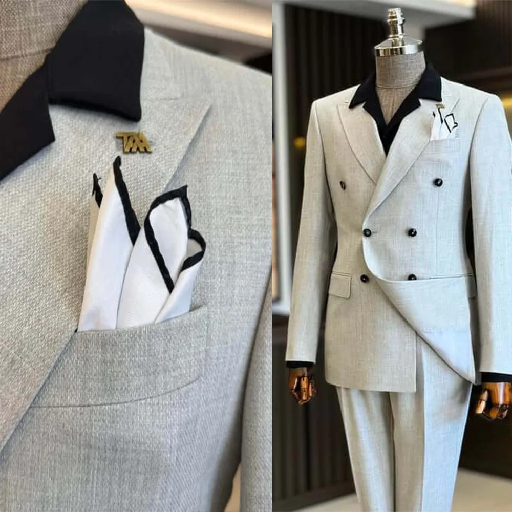 Simple Men Suits For Wedding Peaked Lapel Solid Color Double Breasted Tuxedos Slim Fit 2 Pcs Jacket Pants Party Customized