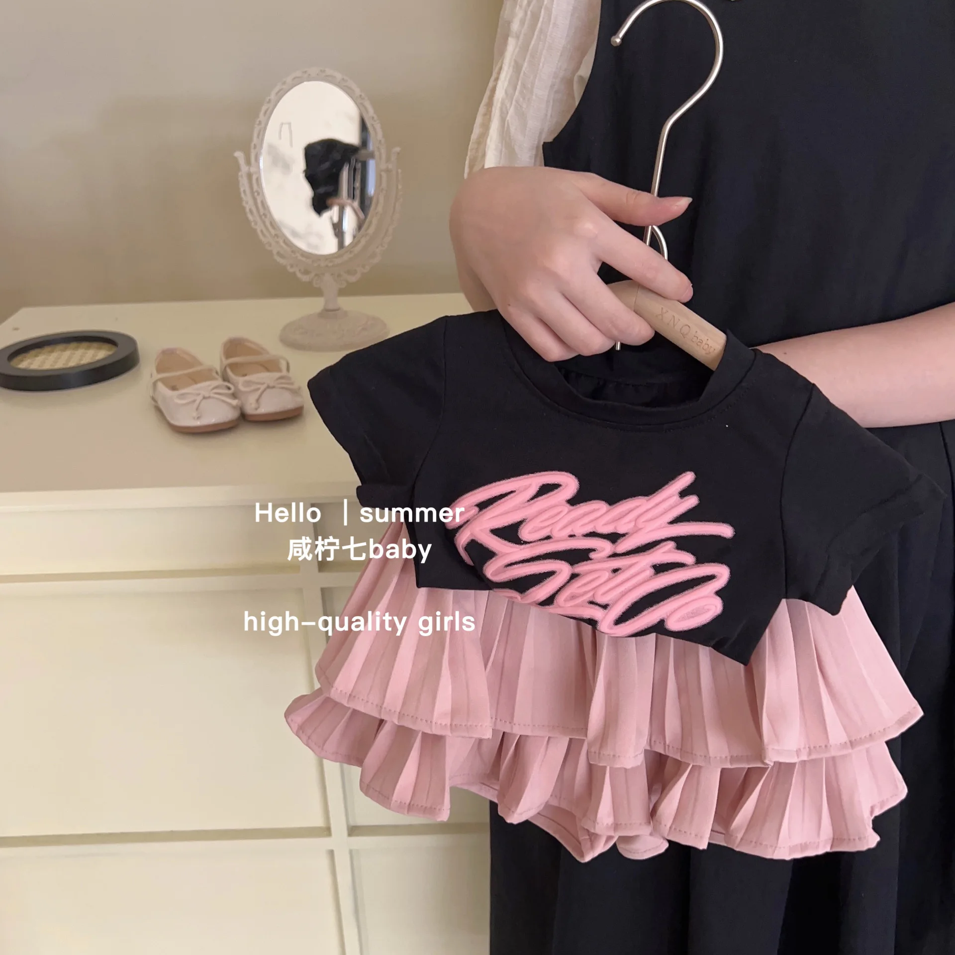 

Girl Clothes Suit Baby Summer Girls Fashion Letter Printed T-shirt Sweet Pink Pleated Skirt Children Pink 2-piece Suit