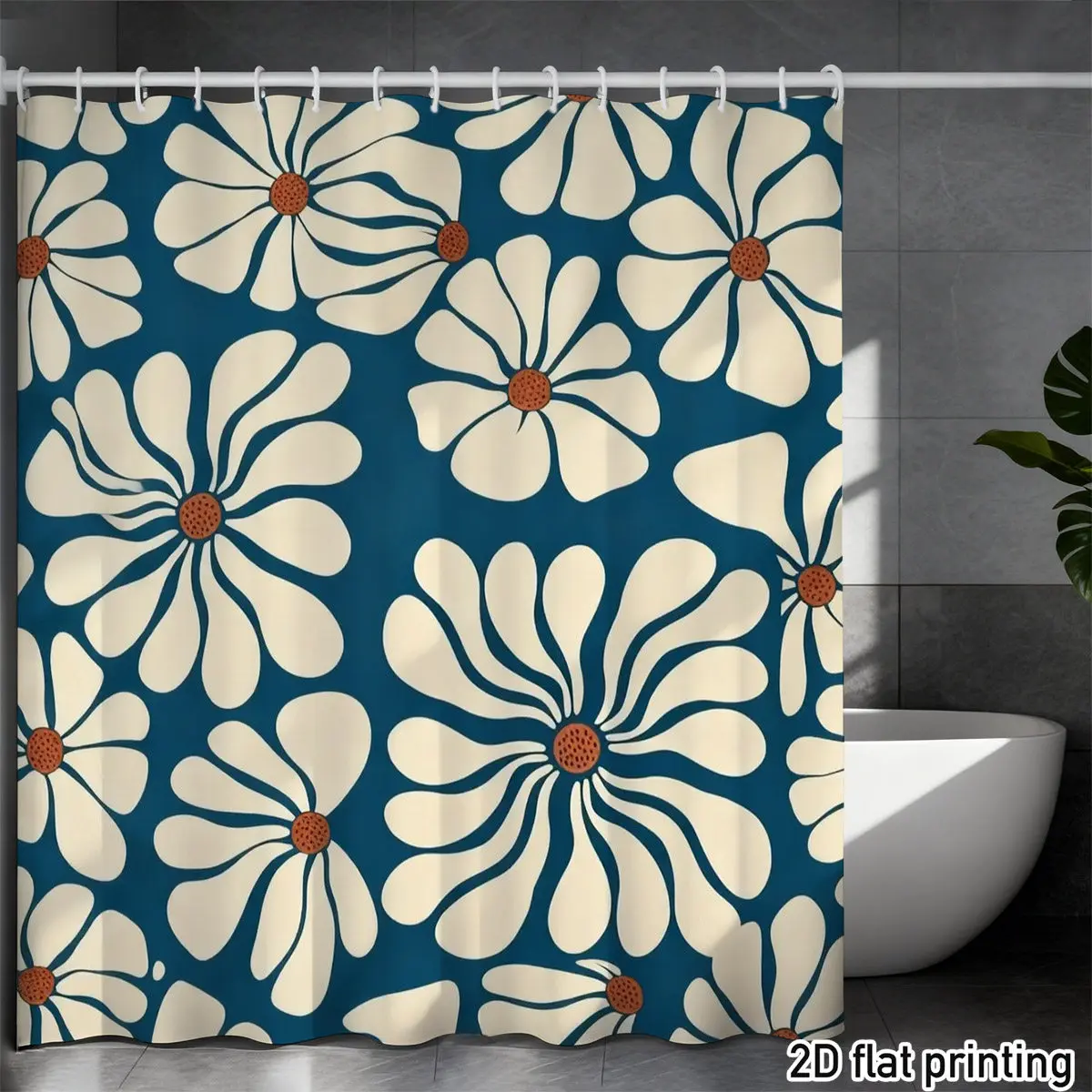 Retro Floral Shower Curtain – Cream Daisy on Deep Blue Background, 2D Flat Print, Fade-Resistant Polyester, 12 Hooks