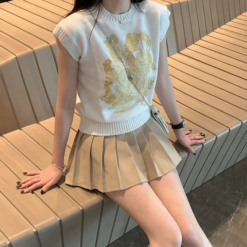 

Khaki ort High Waist A-Line Pleated Skirt Women's Summer New Sle KKK STUDIO Skirt Commute Korean Sle Pure Color