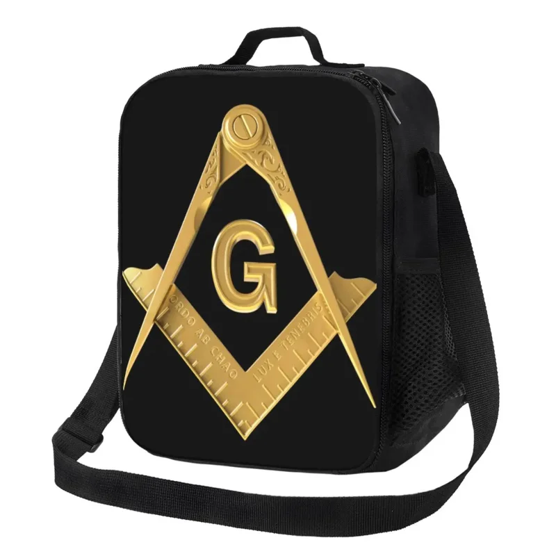 

Gold Freemason Logo Insulated Lunch Bag for Women Masonic Mason Cooler Thermal Lunch Box Kids School Children