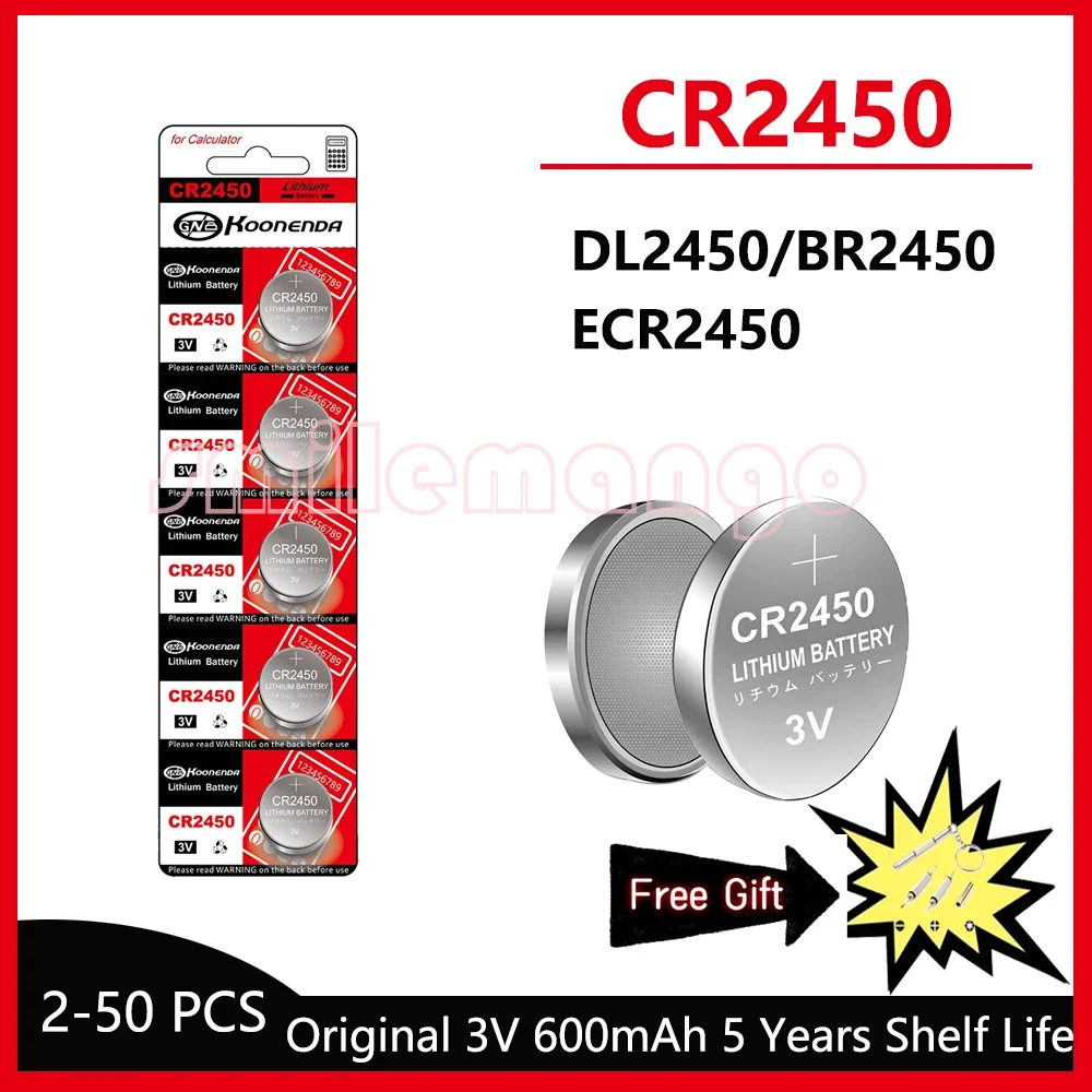 NEW 3V 600mAh CR2450 Watch Buttom Battery KCR2450 5029LC LM2450 DL2450 ECR2450 BR2450 CR 2450 watch Lithium Coin Cell Batteries