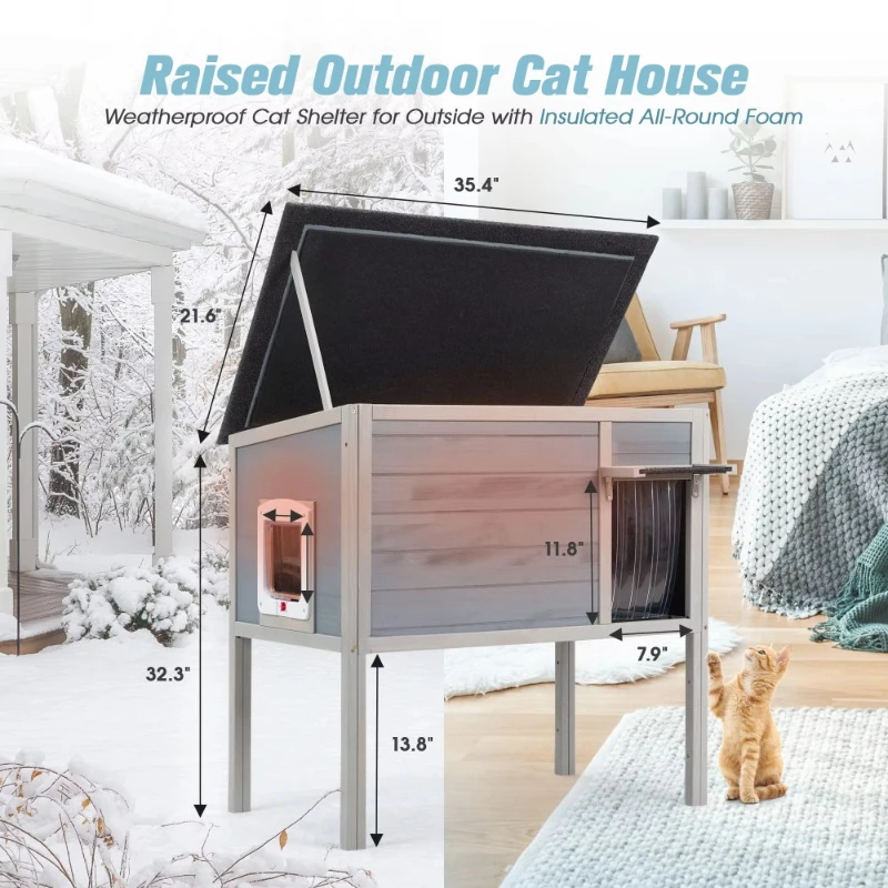 Outdoor Insulated Wood Pet House, High Legs Open Roof Weatherproof Cat and Dog Shelter