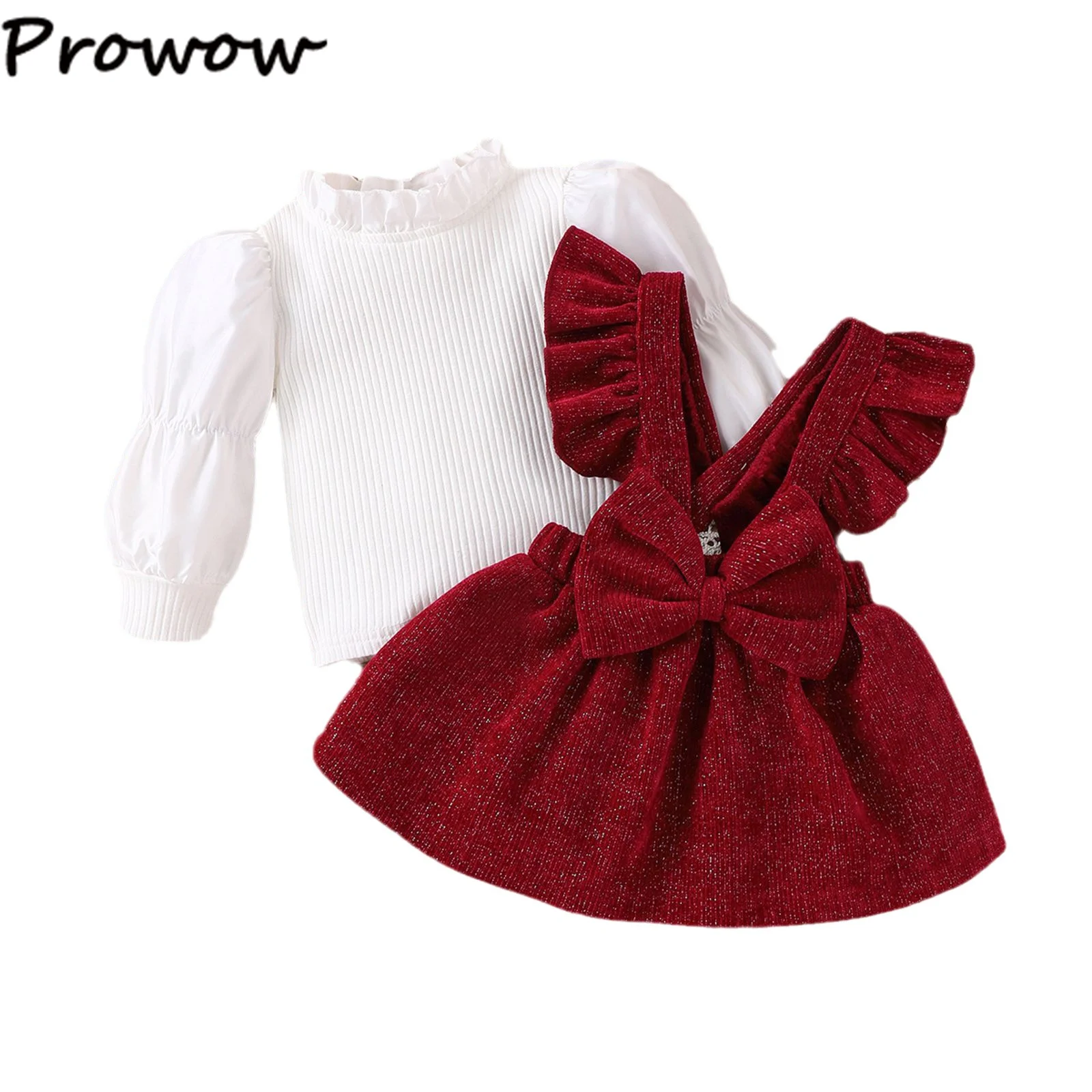 Prowow Infants Baby Girl Christmas Outfits Lantern Sleeve Top Big Bow Red Corduroy Skirts Birthday Party New Year Costume Babies