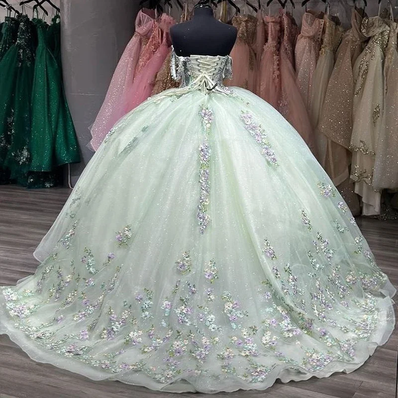 فساتين ANGELSBRIDEP باللون الأخضر النعناعي Quinceanera ثلاثية الأبعاد مزينة بالزهور فيستدوس دي 15 أنوس لحفلات أعياد الميلاد مشد مخصص