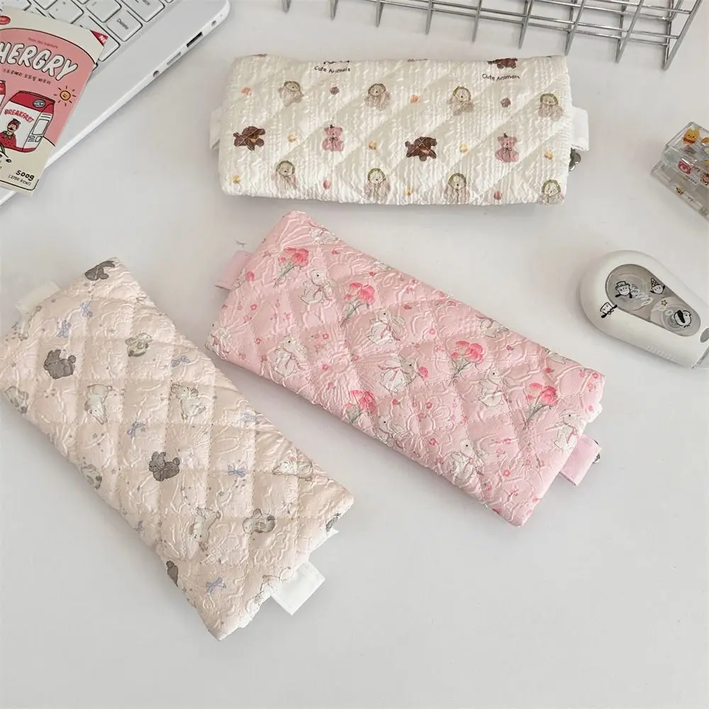 Fresh Lace Pencil Pouch Large Capacity Cosmetic Bag Flower Pattern Pen Case Makeup Bag Cartoon Stationery Storage Bag