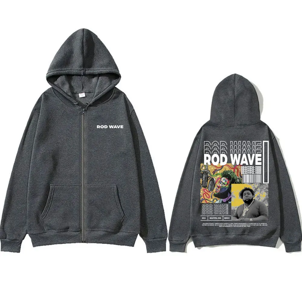 Rapper Rod Wave Beautiful Mind Album Zipper Hoodie Men Hip Hop Fashion Zip Up Jacket Men's Casual Oversized Zip Up Sweatshirt