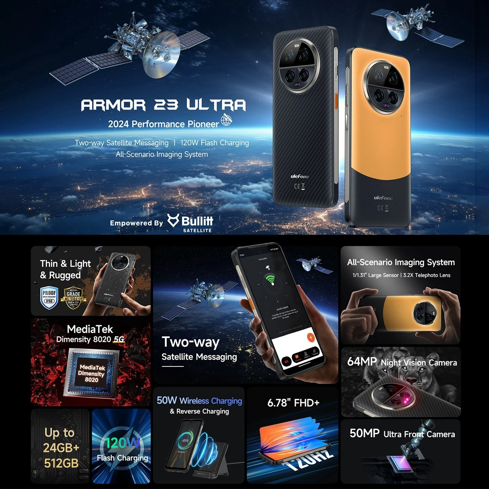 Ulefone Armor 23 Ultra Rugged Phone Satellite Messaging 12GB+512GB 6.78'' Android13 Dimensity8020 NFC Night Camera 5G Smartphone