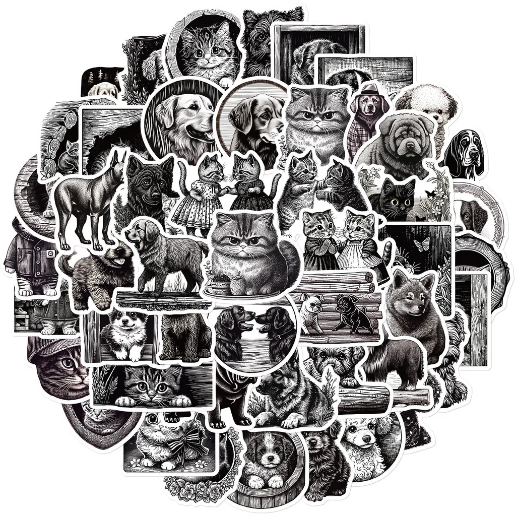 50-Piece Set No Duplicates: Minimalist Black & White Printmaking Animal Stickers - DIY Waterproof Decor Giajar Sticker Store