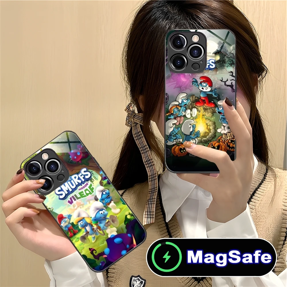 Smurfs Smurfette Smart Mobile Phone Case for iPhone 16 15 14 13 12 11 Pro Max Plus Mini MagSafe Wireless Charging Glass Cover