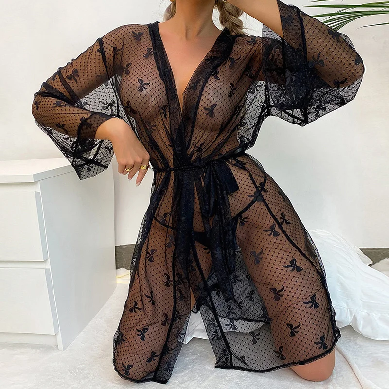 Sexy Women Night Dress Bow Print Mesh Sleepwear Gowns For Girlfriend Long Sleeve Cardigan Bathrobe Black Transparent Shower Robe