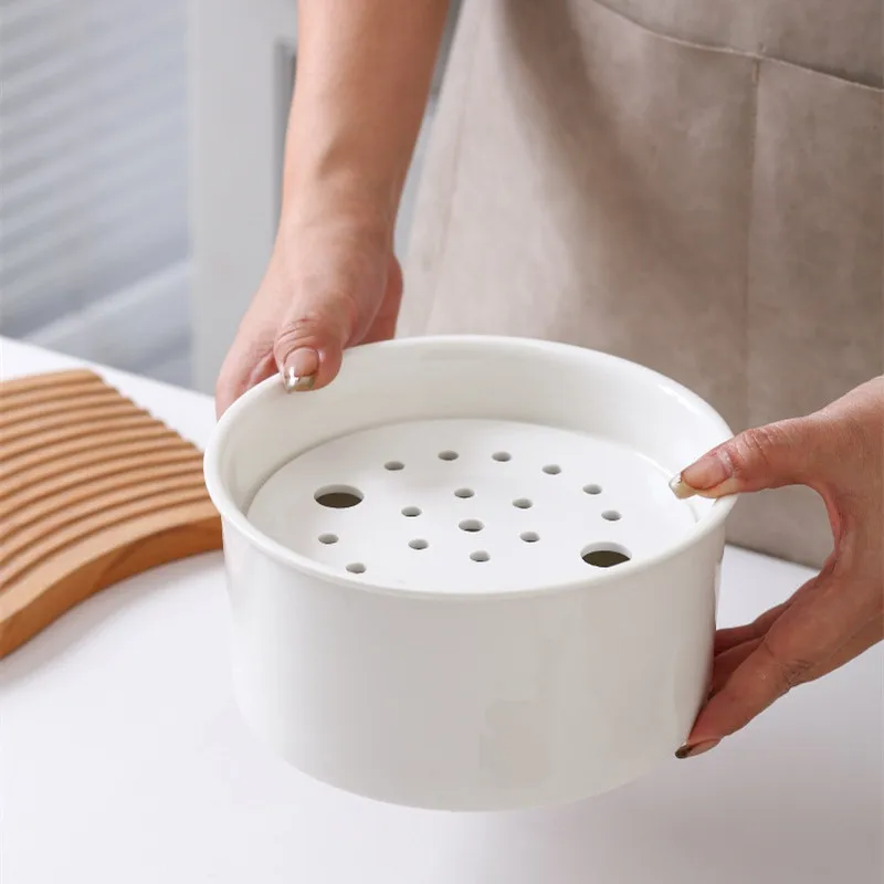 Ceramic household circular perforated steaming bowl, steaming pot microwave oven special snack bowl air fryer, oven  baking bowl