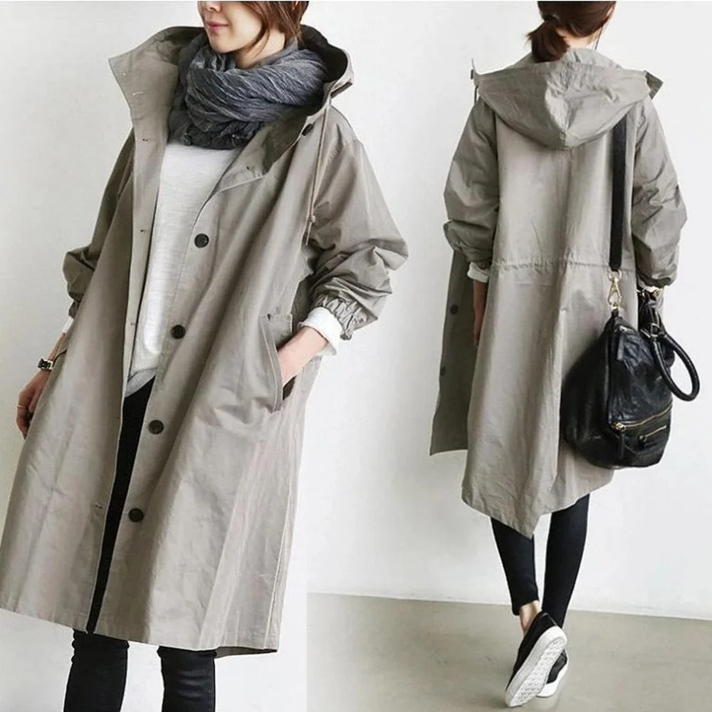 SUSOLA Lady New Solid Cappotto Trench femminile Tendenza donna Cappotti lunghi e giacca Giacca da donna Trench nero con cappuccio