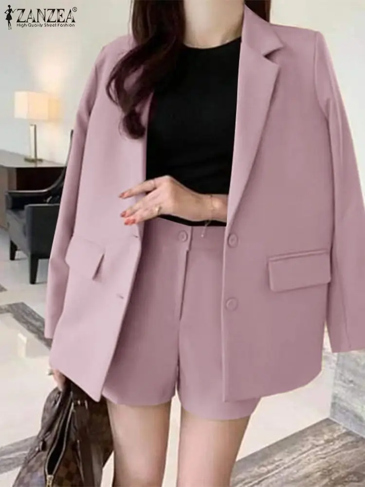 ZANZEA 2PCS Lapel Long Sleeve Solid Blazer Shorts Pant 2023 Work OL Matching Sets Spring Fashion Suit Elegant Vintage Tracksuit