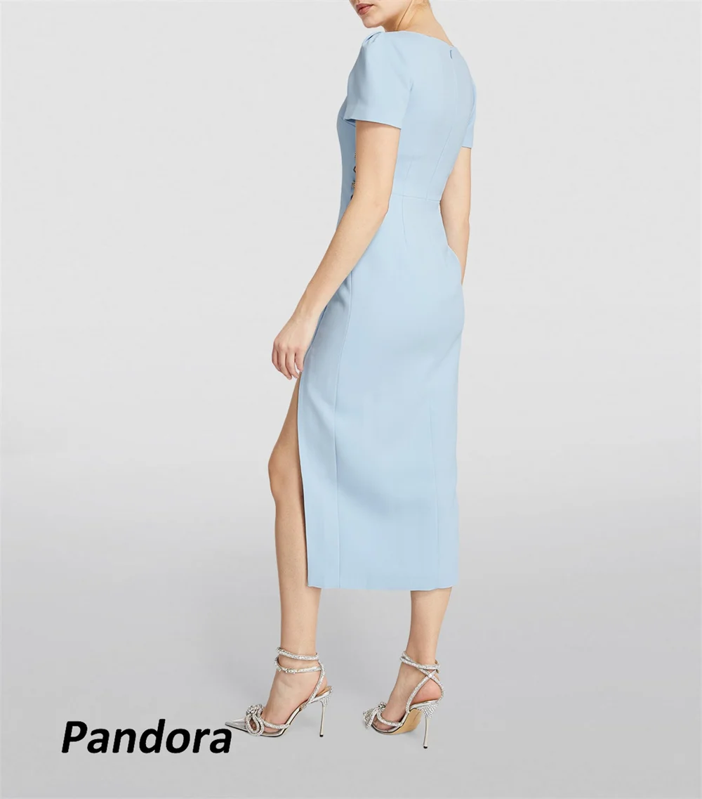 Pandora-vestido de noche largo con cuello redondo para mujer, vestido de sirena de manga corta con lazo de cristal, vestido de fiesta de banquete de boda, azul