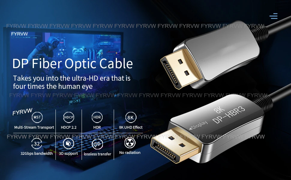 Dp Glasfaser kabel Displayport Glasfaser kabel dp 1,4 Glasfaser dp zu dp Kabel 8k 144hz 165hz Display Port 10m Displayport Glasfaser kabel – Detail 2