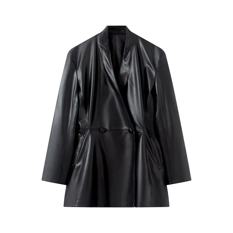 Women S Jacket 2026 Autumn Faux Leather Long Sleeve Double Breasted Waist Cinching Elegant Smart Casual Style Fashion Coat