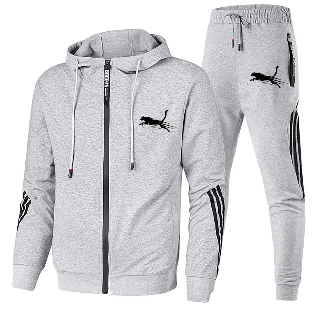 Fashion Tracksuit Men Suit Autumn New Zipper Cardigan Jacket+Sweatpants Stripe Running Fitness Basketball Jogging 2 Piece Set