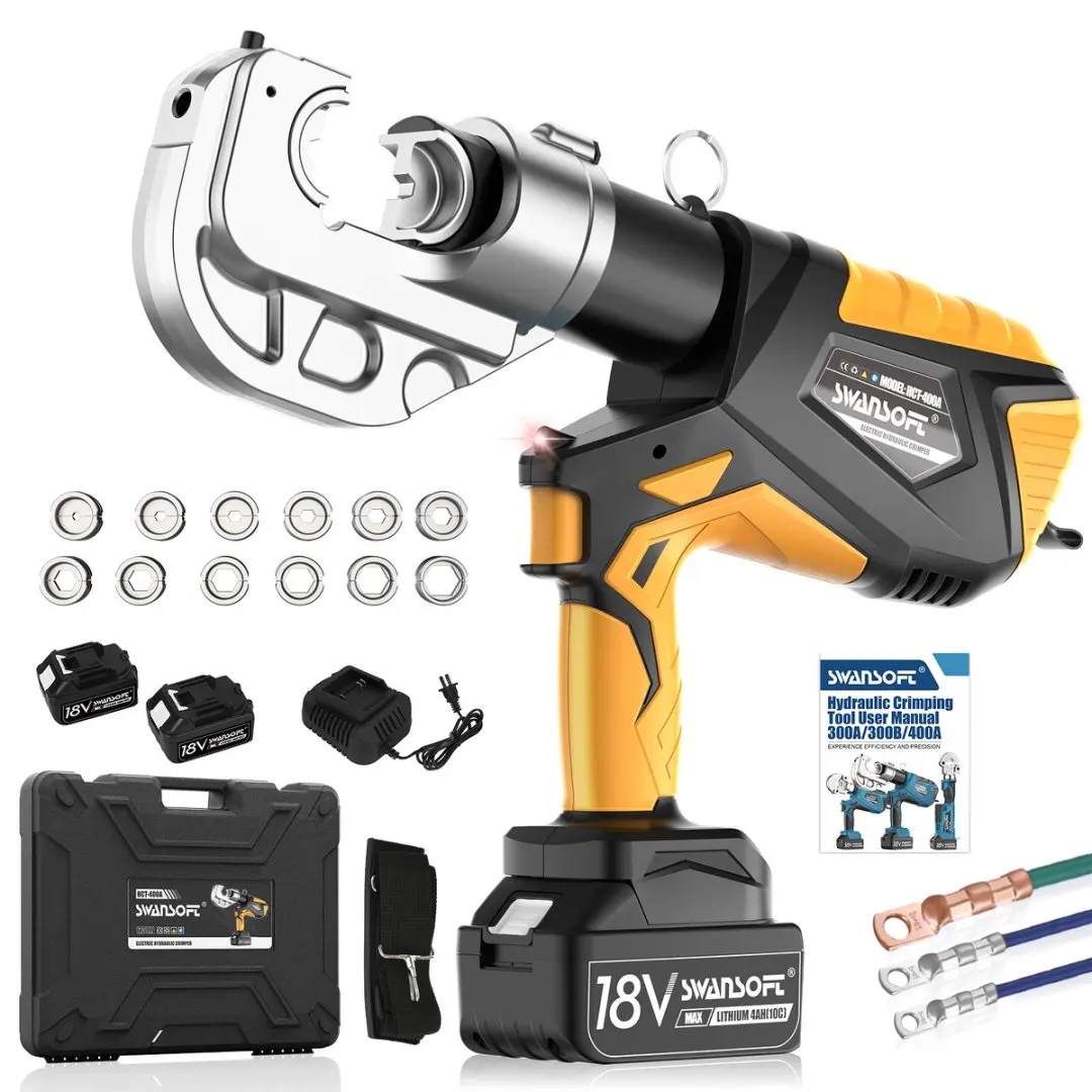 SWANSOFT Electric Hydraulic Crimping Tool For 6AWG-800MCM 12Ton Rechargeable Hydraulic Crimper for Cu/Al Terminal Wire Cable Lug Crimping Tool Kit with 12 Dies