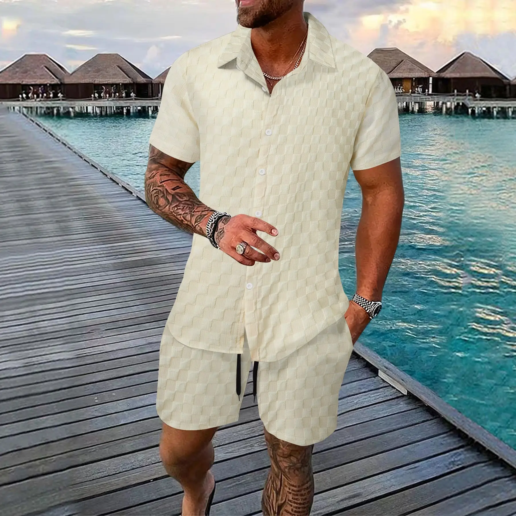 New 100% polyester Men\'s Fashion beach short sleeve suit Cardigan solid color checkered Casual beach suit