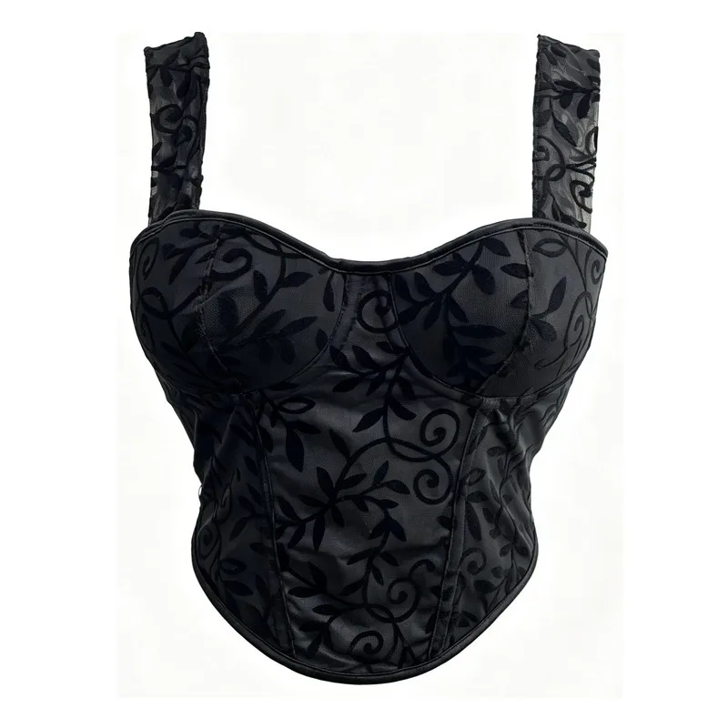 Vintage Floral Flocked Corset Sweetheart Neck Adjustable Straps Back Lace Up Body Shaper