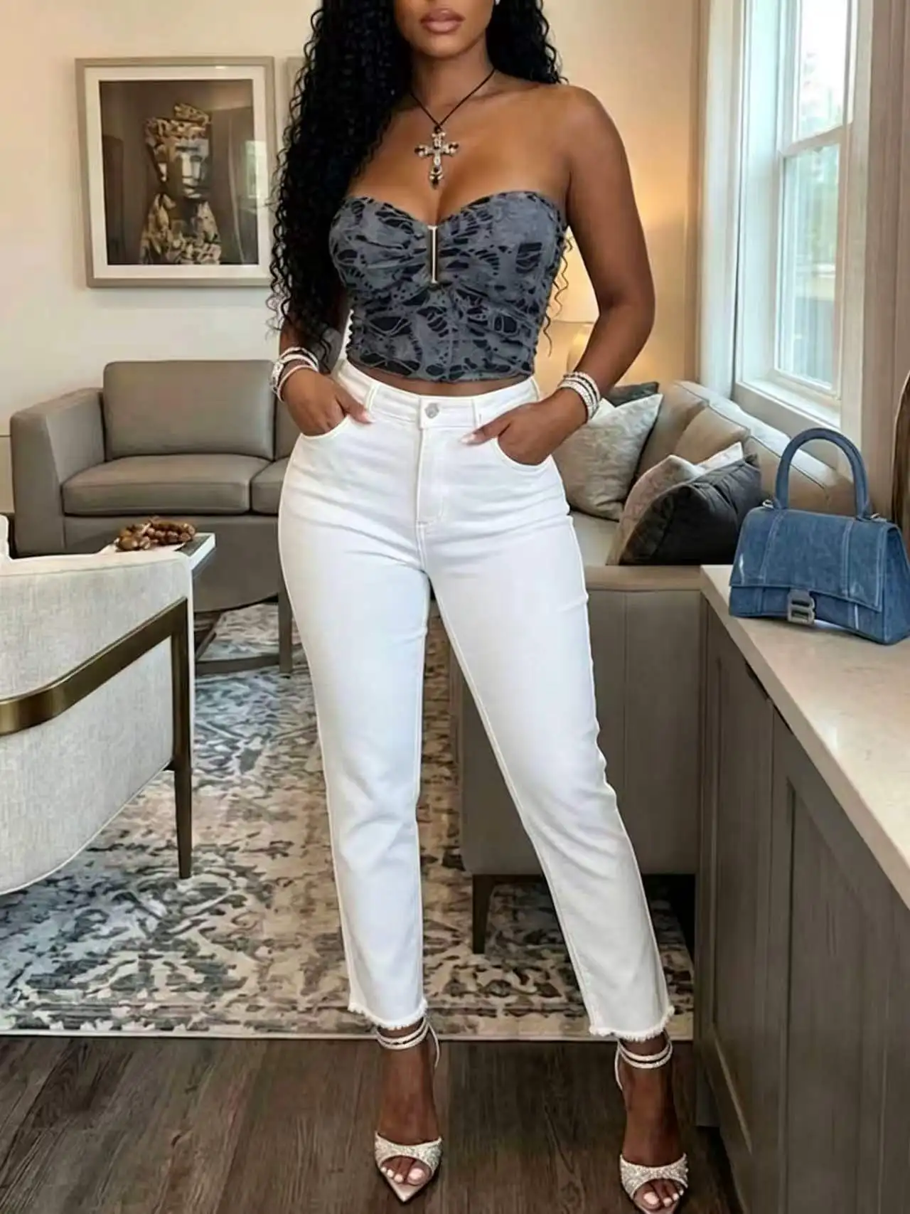 White soft denim women's slim straight-leg high-waist skinny pants with fringes and a mid-length hem, 2026 new style, versatile