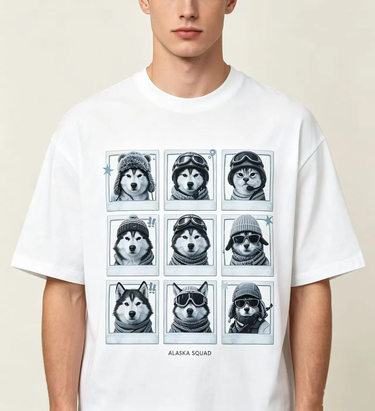 Unisex Alaska Squad Husky Cat Polaroid Photo Grid Graphic T Shirt Men Women Winter Animal Vintage Print Oversized Crew Neck Cotton Top