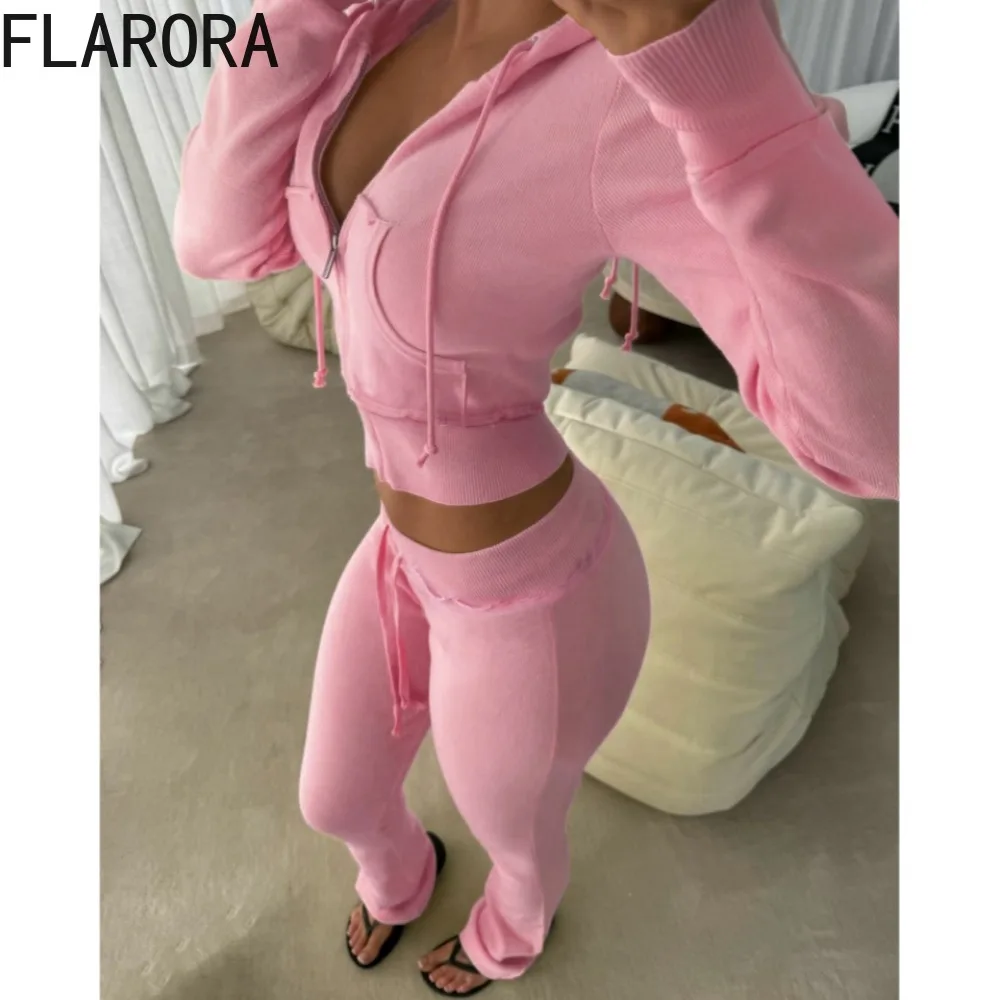 FLARORA Autumn Casual Sporty Patchwork 2Piece Sets Woman Long Sleeve Zip-up Drawstring Hooded Jackets And Flare Pants Outfits