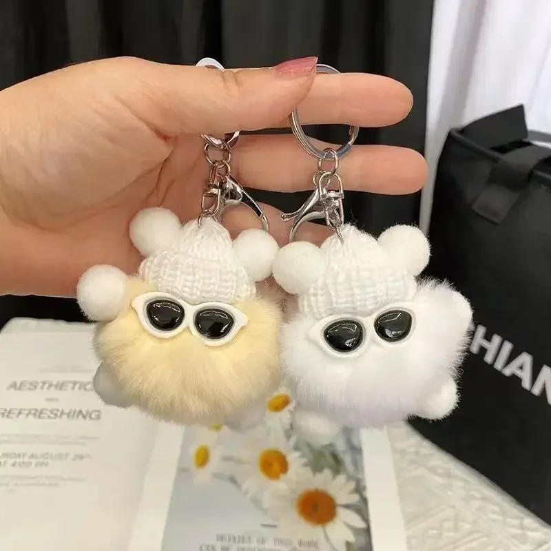 Briquette Doll Trendy Cool Plush Keychain Mini Rex Rabbit Fluffy Key Chains Trinkets Pom Glasses Doll Keychain Trinket Kids Gift