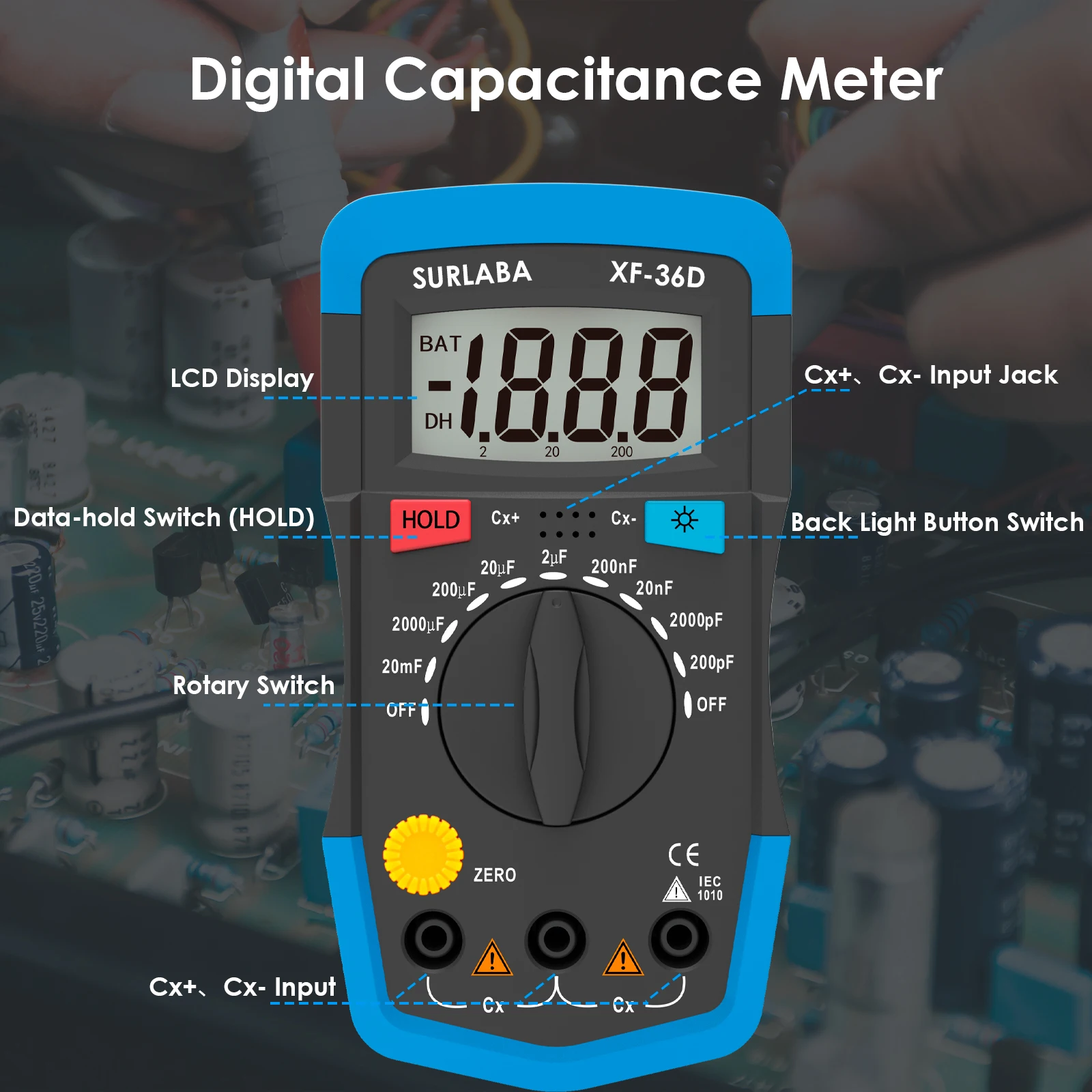 

Digital Capacitance Meter for Cable Capacitance Testing with Data Hold Backlight Manual Zero 0.1pF-20000μF Capacitor Tester
