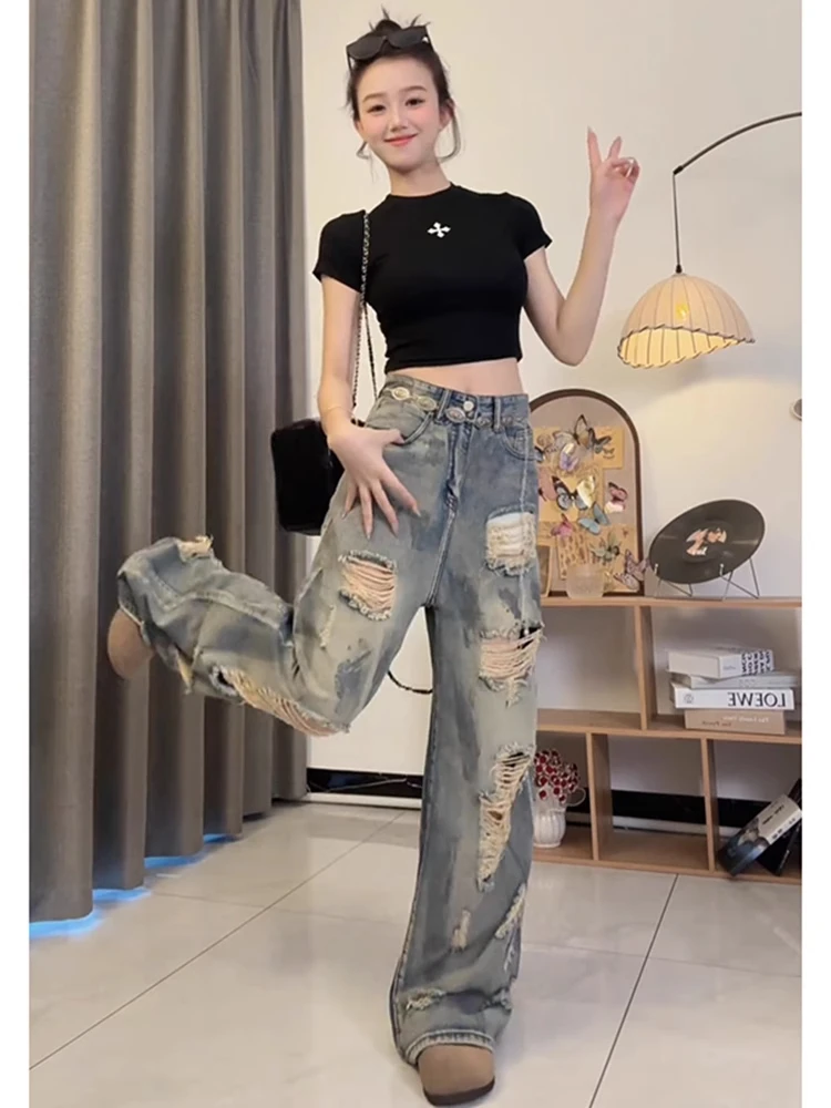 

Американские джинсовые джинсы с дырками в стиле ретро, женские летние свободные широкие брюки большого размера длиной до пола, синие повседневные брюки с высокой талией