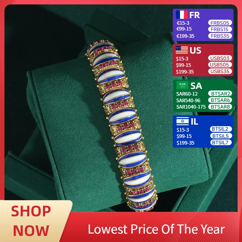 

Vintage Jewelry Blue Rhinestones Enamel Bangles Bracelet For Woman Gold Color Luxury Accessories Antique Valentine Day Gift 2025