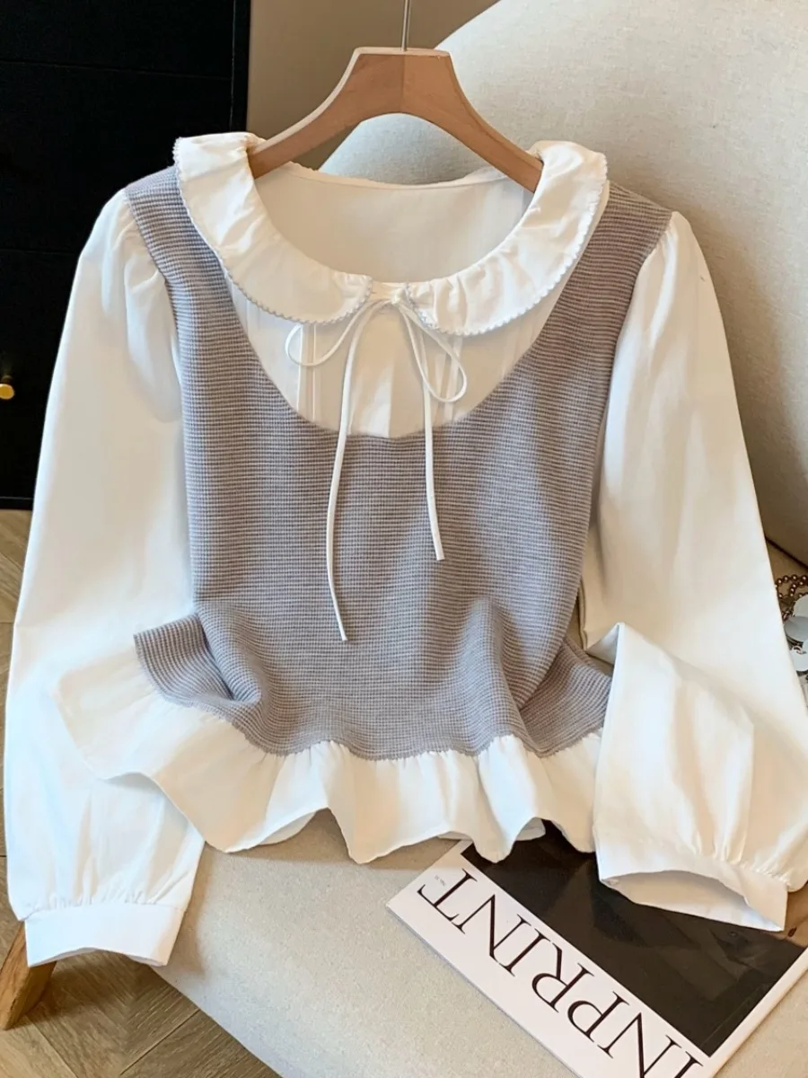 Self-Kept Sle Knitted Splice Doll Collar irt Women Early Autumn Anti-Aging College Wind Top Recommendations for You