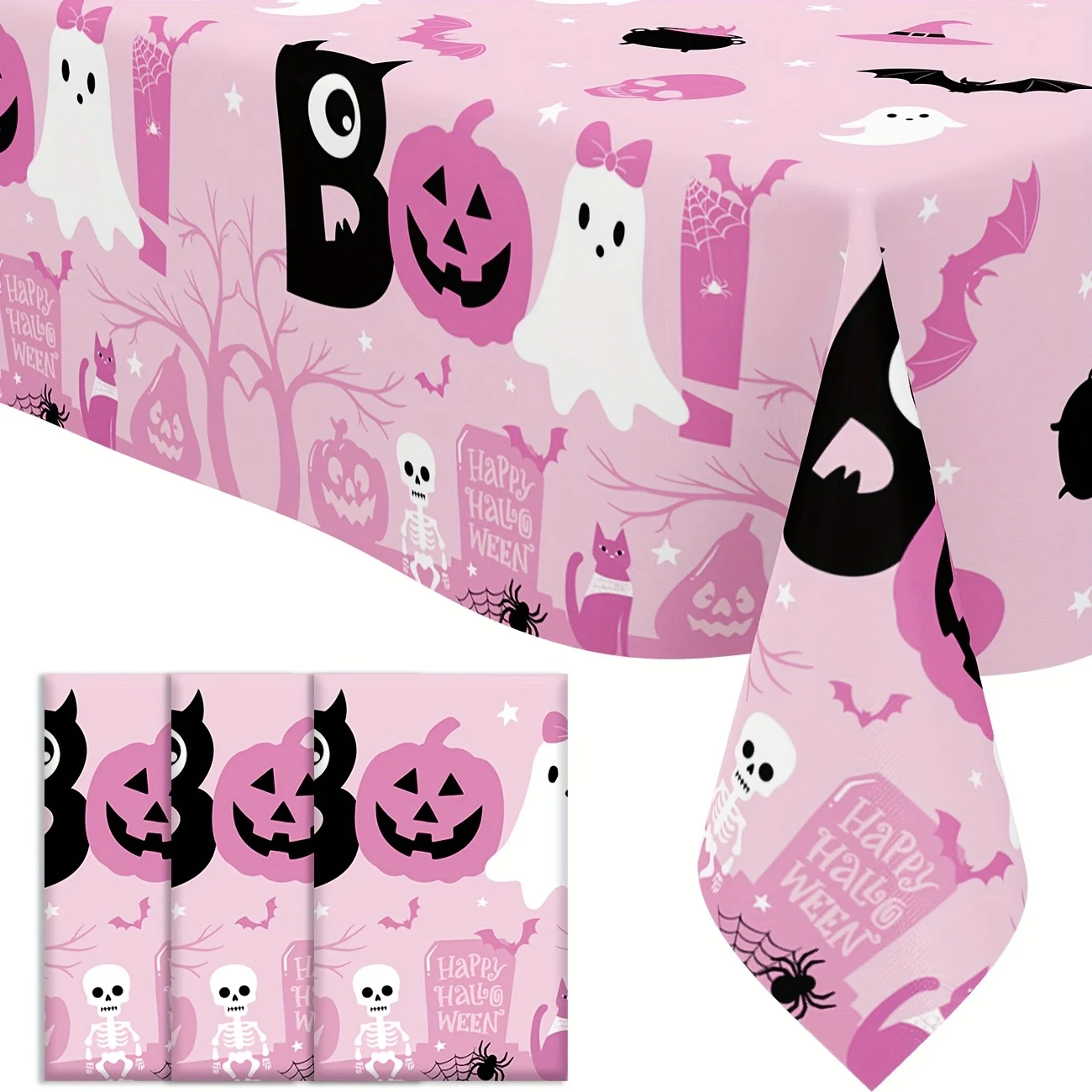 3 Pack Pink Halloween Tablecloths Little Boo Table Covers Pumpkins Ghost Plastic Table Cloths for Dinner Halloween Party Supplie
