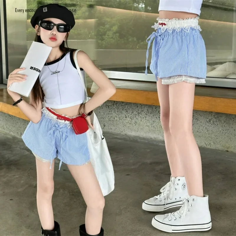 

Summer Kids Clothes Shorts for Girls Kawaii Lace Stitching Blue Striped Shorts Baby Girls Casual Princess Lace Cute Shorts